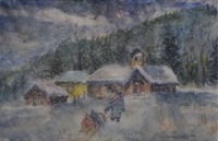 Man with Sled Returns Home in Snow Storm